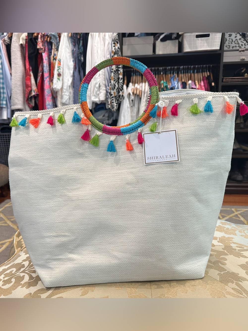 Shiraleah Cream Tote with Multicolor Tassel Trim and Wrapped Ring Handles
